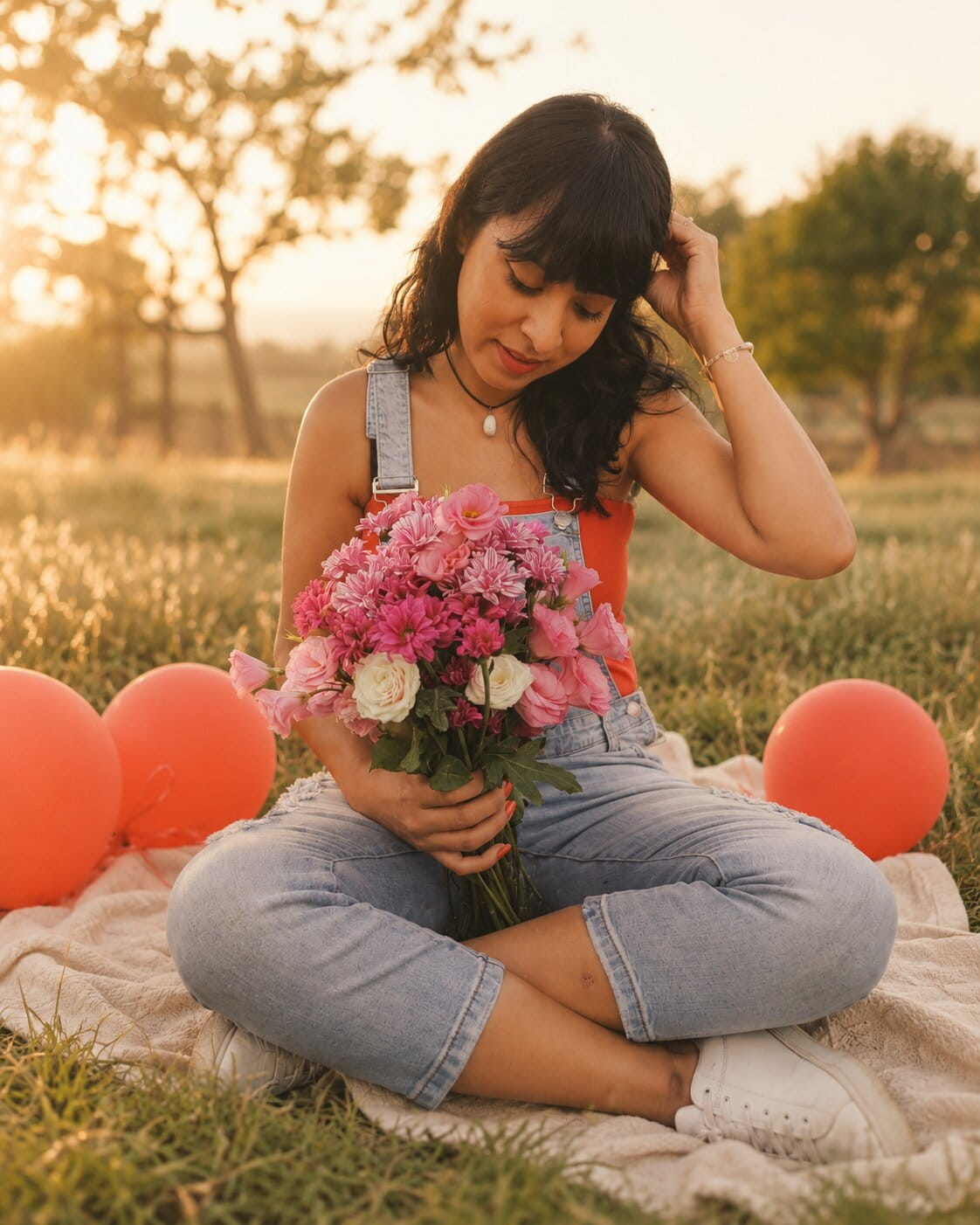 Roza holding flowers at home